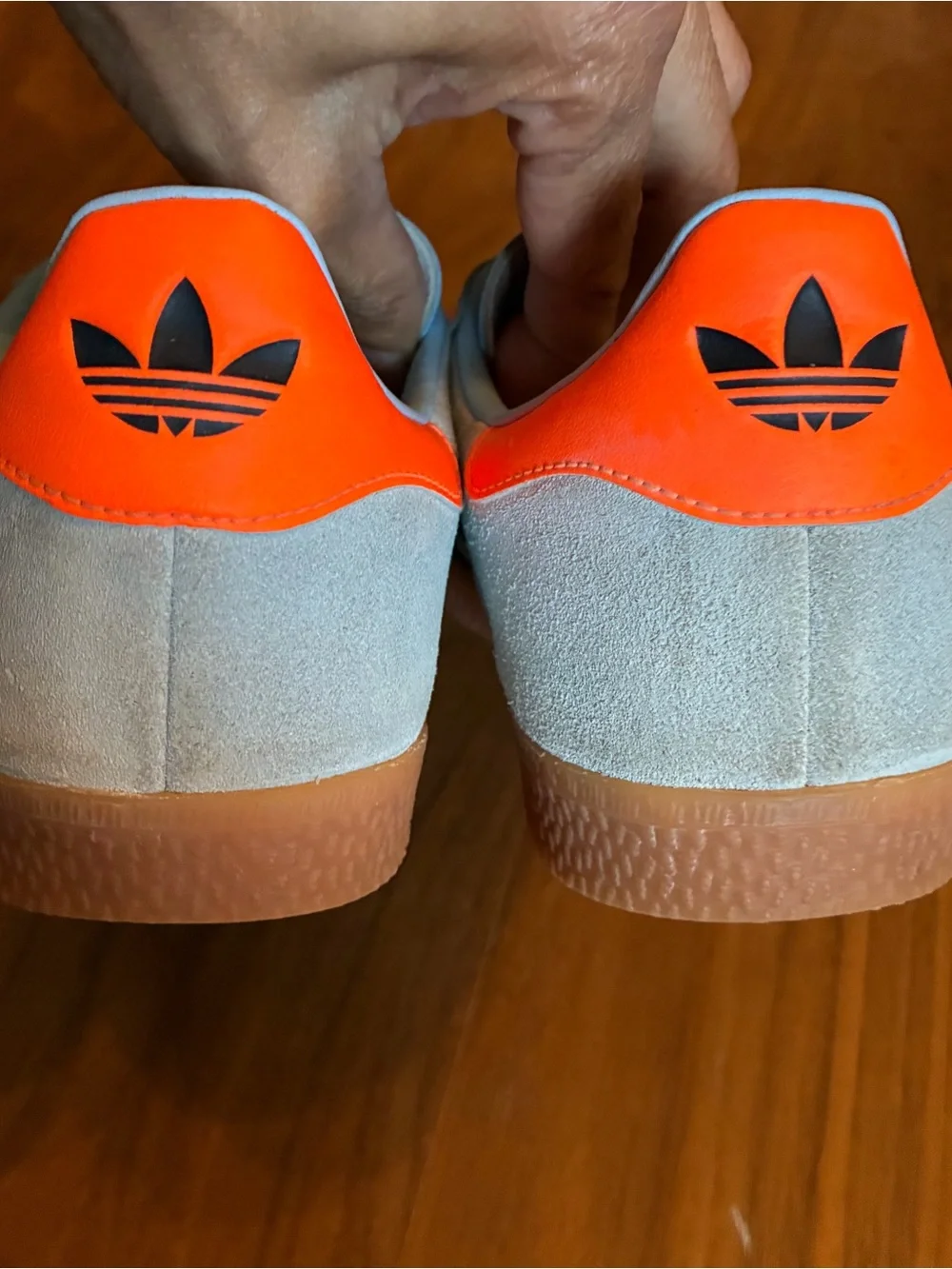 adidas Gazelle Light Blue Suede Sneakers with Black Stripes and Orange Heel